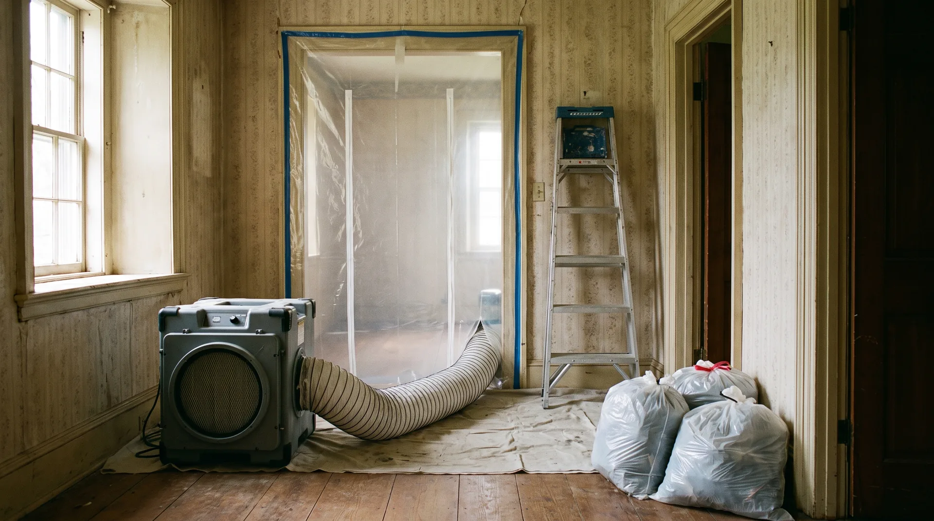 Interior mold containment with a polyethylene zip-wall, HEPA air scrubber and duct, drop cloths, and contractor bags in a Gettysburg-area home.