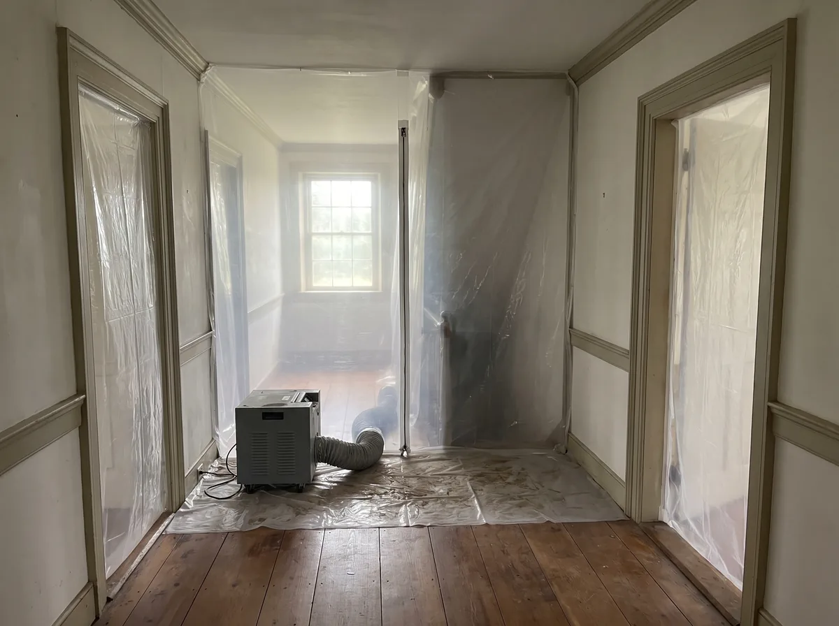 Hallway sealed with polyethylene containment, a zipper door, and a negative-air machine on drop cloths.