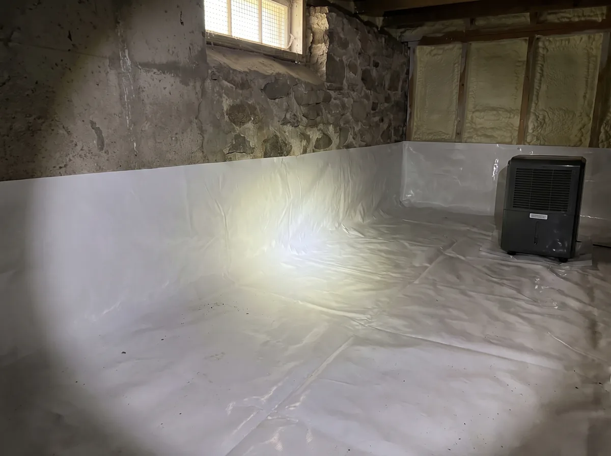 Encapsulated crawl space with a white vapor-barrier liner, sealed walls, and a dehumidifier.